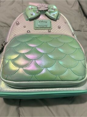 Loungefly Iridescent Mint Green Mermaid-Scale Mini Backpack with Pearl Bow